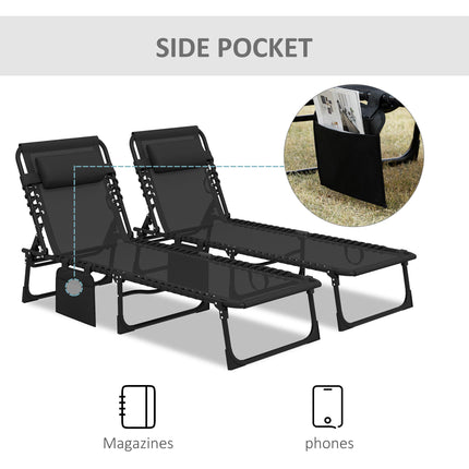 Portable Sun Lounger Set of 2 Folding Camping Beds with 5-Position Adjustable Backrest, Side Pocket & Pillow - Black