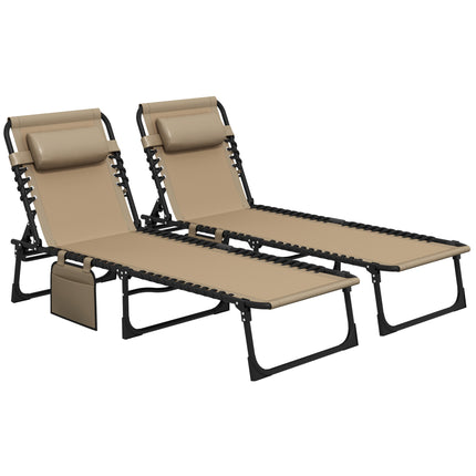 Portable Folding Sun Lounger Set of 2 with 5-Position Adjustable Backrest and Side Pocket - Beige