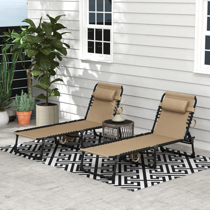 Portable Folding Sun Lounger Set of 2 with 5-Position Adjustable Backrest and Side Pocket - Beige