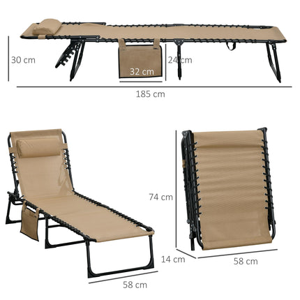Portable Folding Sun Lounger Set of 2 with 5-Position Adjustable Backrest and Side Pocket - Beige