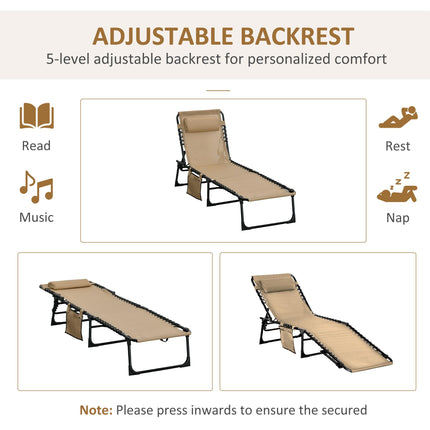 Portable Folding Sun Lounger Set of 2 with 5-Position Adjustable Backrest and Side Pocket - Beige