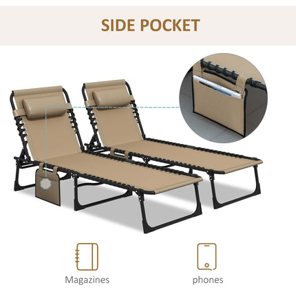 Portable Folding Sun Lounger Set of 2 with 5-Position Adjustable Backrest and Side Pocket - Beige