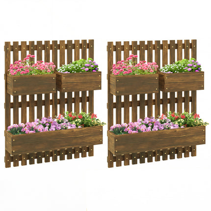 Set of 2 Wall-Mounted Wooden Garden Planters with Trellis and Drainage Holes - Carbonised