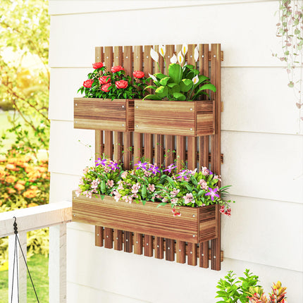 Set of 2 Wall-Mounted Wooden Garden Planters with Trellis and Drainage Holes - Carbonised