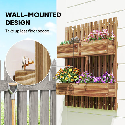 Set of 2 Wall-Mounted Wooden Garden Planters with Trellis and Drainage Holes - Carbonised