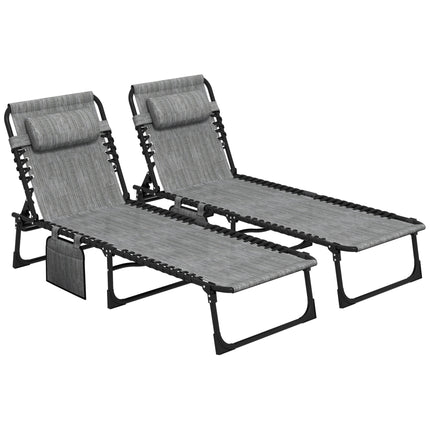 Portable Sun Lounger Set of 2 Folding Camping Beds with 5-Position Adjustable Backrest, Side Pocket & Pillow - Mixed Grey