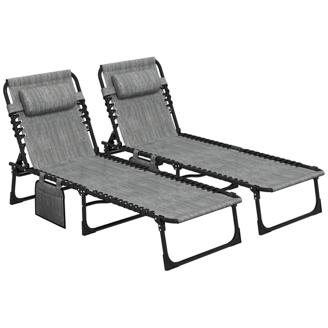 Portable Sun Lounger Set of 2 Folding Camping Beds with 5-Position Adjustable Backrest, Side Pocket & Pillow - Mixed Grey
