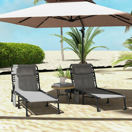 Portable Sun Lounger Set of 2 Folding Camping Beds with 5-Position Adjustable Backrest, Side Pocket & Pillow - Mixed Grey