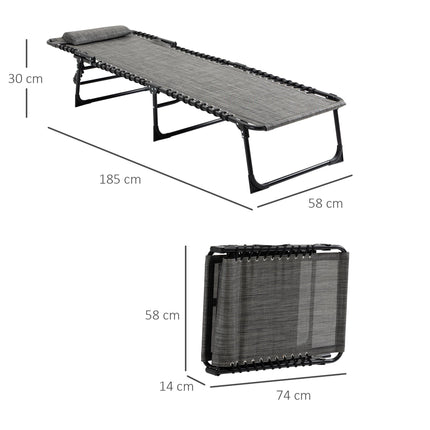 Portable Sun Lounger Set of 2 Folding Camping Beds with 5-Position Adjustable Backrest, Side Pocket & Pillow - Mixed Grey