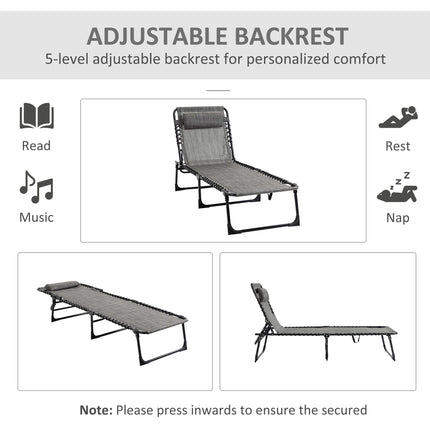 Portable Sun Lounger Set of 2 Folding Camping Beds with 5-Position Adjustable Backrest, Side Pocket & Pillow - Mixed Grey