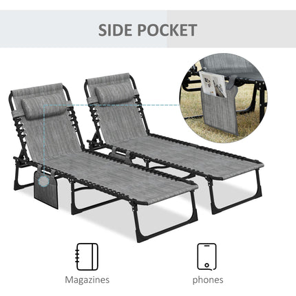 Portable Sun Lounger Set of 2 Folding Camping Beds with 5-Position Adjustable Backrest, Side Pocket & Pillow - Mixed Grey