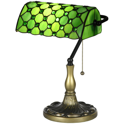 Vintage Stained Glass Table Lamp with Handmade Green Shade and Metal Base - Green