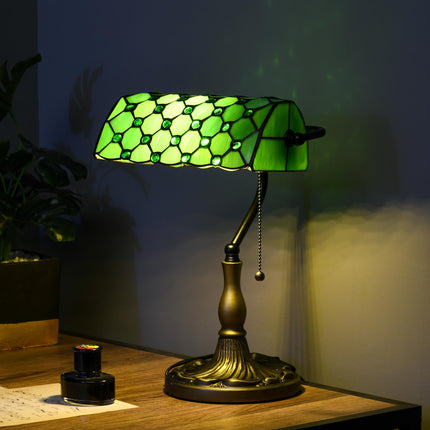 Vintage Stained Glass Table Lamp with Handmade Green Shade and Metal Base - Green