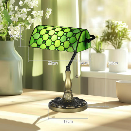 Vintage Stained Glass Table Lamp with Handmade Green Shade and Metal Base - Green