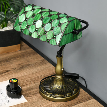 Vintage Stained Glass Table Lamp with Handmade Green Shade and Metal Base - Green