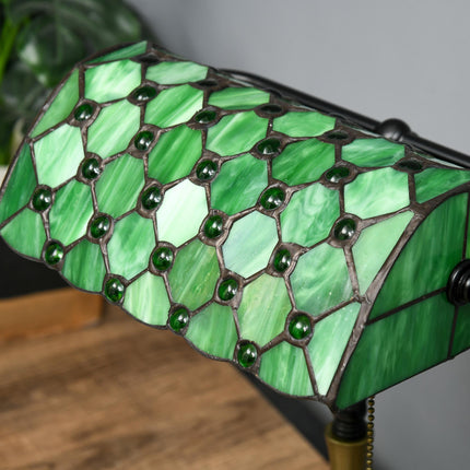 Vintage Stained Glass Table Lamp with Handmade Green Shade and Metal Base - Green