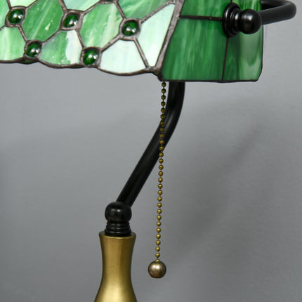 Vintage Stained Glass Table Lamp with Handmade Green Shade and Metal Base - Green