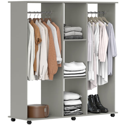Double Open Wardrobe with 6 Wheels and Storage Shelves Organizer - Grey
