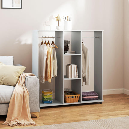 Double Open Wardrobe with 6 Wheels and Storage Shelves Organizer - Grey