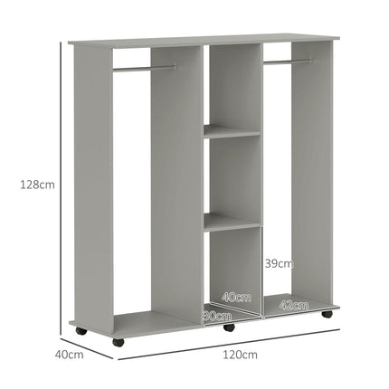 Double Open Wardrobe with 6 Wheels and Storage Shelves Organizer - Grey