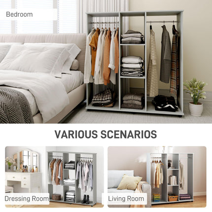Double Open Wardrobe with 6 Wheels and Storage Shelves Organizer - Grey