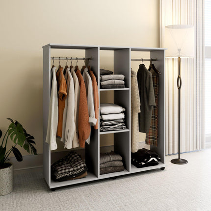Double Open Wardrobe with 6 Wheels and Storage Shelves Organizer - Grey