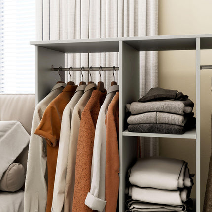 Double Open Wardrobe with 6 Wheels and Storage Shelves Organizer - Grey