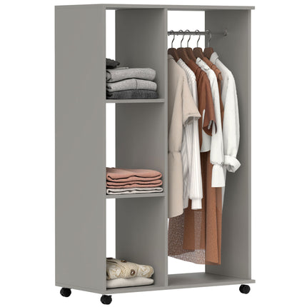 Open Wardrobe with Hanging Rail, 3 Storage Shelves & Wheels - Grey