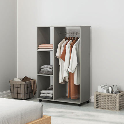 Open Wardrobe with Hanging Rail, 3 Storage Shelves & Wheels - Grey