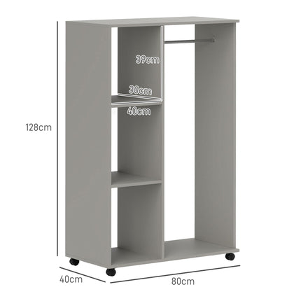 Open Wardrobe with Hanging Rail, 3 Storage Shelves & Wheels - Grey