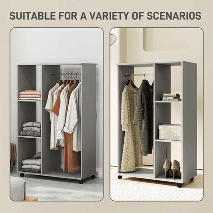 Open Wardrobe with Hanging Rail, 3 Storage Shelves & Wheels - Grey