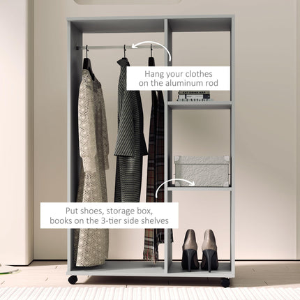 Open Wardrobe with Hanging Rail, 3 Storage Shelves & Wheels - Grey