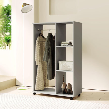 Open Wardrobe with Hanging Rail, 3 Storage Shelves & Wheels - Grey