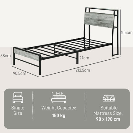 Single Steel Bed Frame, with LED Lights and Shelf - Grey