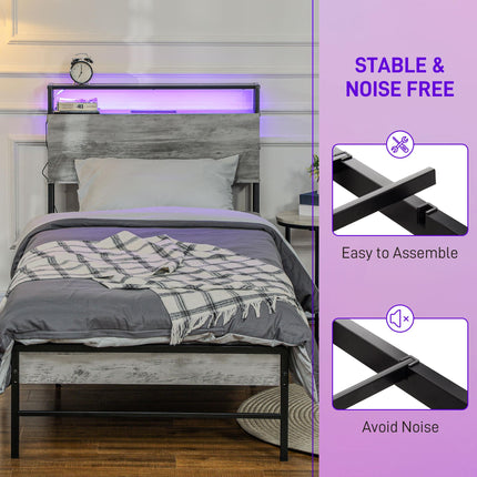 Single Steel Bed Frame, with LED Lights and Shelf - Grey