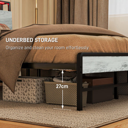 Single Steel Bed Frame, with LED Lights and Shelf - Grey