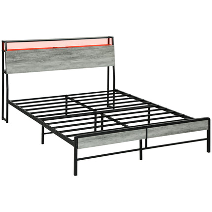 Double Steel LED Bed Frame with Headboard Shelf and Charging Station - Grey
