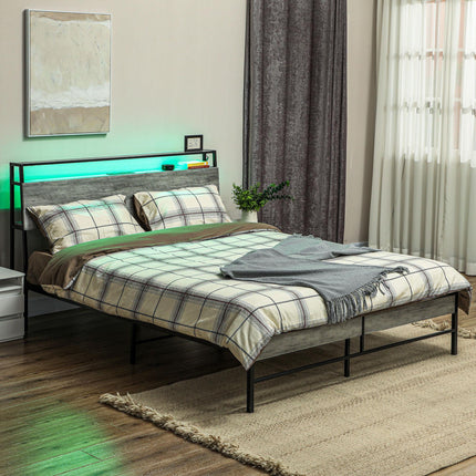 Double Steel LED Bed Frame with Headboard Shelf and Charging Station - Grey