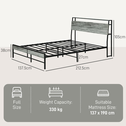 Double Steel LED Bed Frame with Headboard Shelf and Charging Station - Grey
