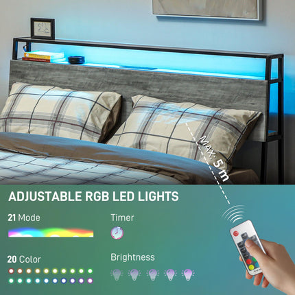 Double Steel LED Bed Frame with Headboard Shelf and Charging Station - Grey