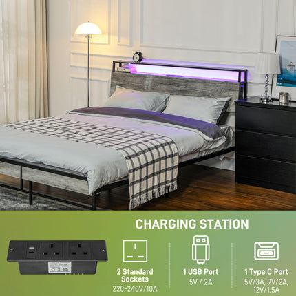 Double Steel LED Bed Frame with Headboard Shelf and Charging Station - Grey