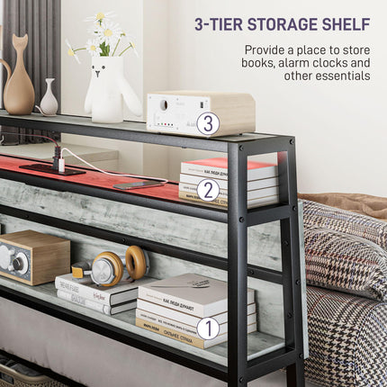 Double Steel LED Bed Frame with Headboard Shelf and Charging Station - Grey