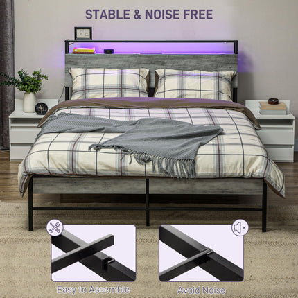 Double Steel LED Bed Frame with Headboard Shelf and Charging Station - Grey