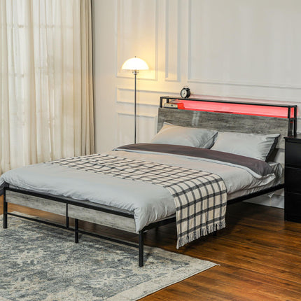 Double Steel LED Bed Frame with Headboard Shelf and Charging Station - Grey