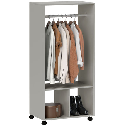 Open Wardrobe with Hanging Rail, Storage Shelves & Wheels - Grey