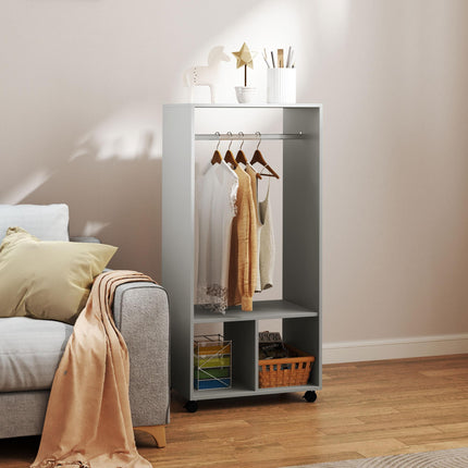 Open Wardrobe with Hanging Rail, Storage Shelves & Wheels - Grey