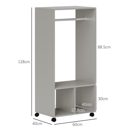 Open Wardrobe with Hanging Rail, Storage Shelves & Wheels - Grey