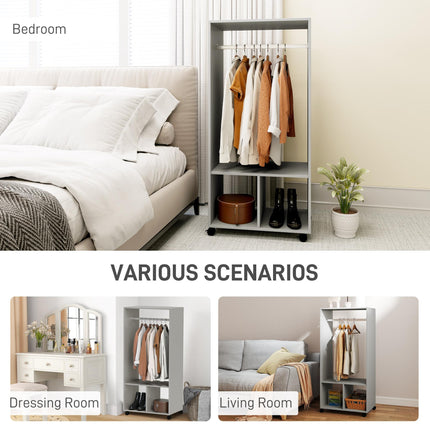 Open Wardrobe with Hanging Rail, Storage Shelves & Wheels - Grey