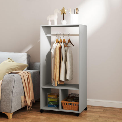 Open Wardrobe with Hanging Rail, Storage Shelves & Wheels - Grey