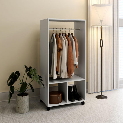 Open Wardrobe with Hanging Rail, Storage Shelves & Wheels - Grey